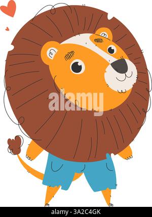 Adorabile illustrazione a fumetto di un leone allegro con una grande criniera, con pantaloncini blu e sorridente, che simboleggia la felicità, la cordialità e. Illustrazione Vettoriale