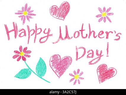 Biglietto per la festa della mamma. Disegno per bambini con matite colorate. Parole buona festa della mamma. Disegni di fiori e cuori in giro. Diverse tonalità di rosso, Foto Stock