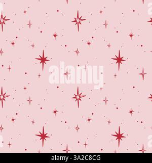 Stelle rosse, grandi e piccole su sfondo rosa. Vettore EPS senza cuciture disegnato a mano per carta da imballaggio per feste, tessuto, involucro, tessuto, design, vacanze invernali e scrapbooking. Schizzo del contorno. Illustrazione Vettoriale
