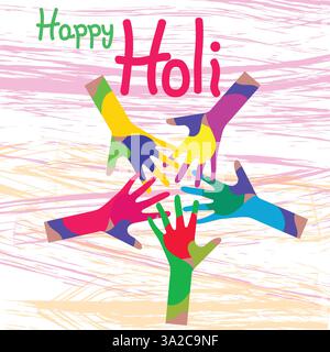 Poster del festival Happy Holi con mani colorate e sfondo astratto Illustrazione Vettoriale