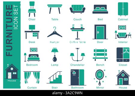 Set di icone mobili. stile icona a tinta unita. con camera da letto icon, lampadario, sedia e molto altro ancora. illustrazione vettoriale dell'elemento interno Illustrazione Vettoriale