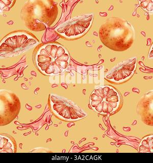 Segmenti di pompelmo rosso e acquerello con succo d'acqua motivo senza cuciture isolato su giallo. Frammenti di agrumi maturi disegnati a mano su consistenza ripetuta. Fresco Foto Stock
