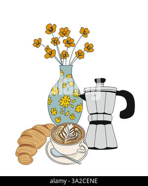 Caffè mattutino disegnato a mano con croissant e vaso Illustrazione Vettoriale