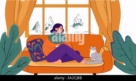 Confortevole scena invernale donna gatto al chiuso relax. Una persona siede su un divano con un gatto vicino a una finestra che mostra alberi innevati piante dai toni caldi. Casa Illustrazione Vettoriale
