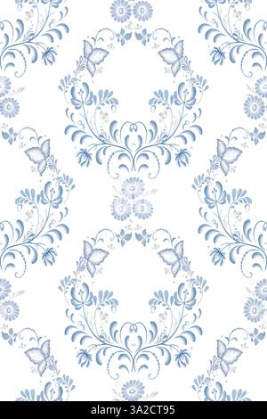 Fiori e foglie blu, corona floreale con motivo senza cuciture. Ornamento in stile russo isolato su sfondo bianco. Illustrazione digitale acquerello. F Foto Stock