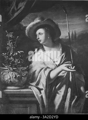 Frans van Mieris il Vecchio 'A Shepherdess' raffigura una giovane donna che tiene in mano un bastone con la mano destra appoggiata su un tavolo. Questo genere di pittura dimostra l'esperienza dell'artista nel ritrarre la vita rurale con una forte attenzione alla consistenza e alla rappresentazione realistica di abiti e caratteristiche. Il pezzo è caratteristico della delicata pennellatura di Mieris e dell'attenta attenzione all'espressione umana e all'ambiente. Foto Stock