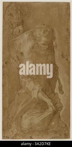 Questo disegno, eseguito dopo l'originale di Barocci, raffigura un uomo anziano che prende un sacco. La composizione si concentra sul movimento e sulla postura della figura anziana, con un’enfasi sui dettagli fini e sulla resa realistica. Foto Stock