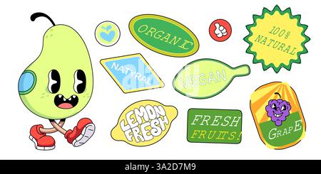 Grazioso set di adesivi di frutta retrò con personaggi stravaganti: Pera felice e uva eccitata. Etichette e distintivi vintage brillanti: Insegne naturali, biologiche, vegane e fresche. Divertenti e colorate etichette vettoriali piatte. Illustrazione Vettoriale