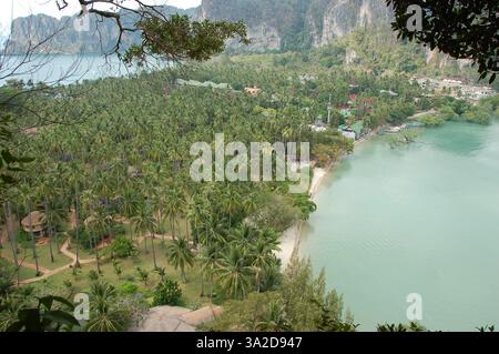 Una vista aerea panoramica di East Railay Beach a Krabi, Thailandia, con lussureggianti palme, acque turchesi, scogliere calcaree e resort sul fronte spiaggia annidati Foto Stock