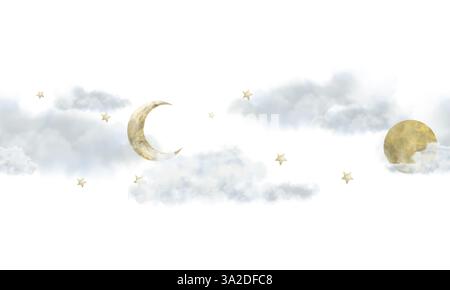 Luna e mese in soffici nuvole con un motivo senza cuciture. Illustrazione in acquerello in stile digitale. Graziose stelle dorate e nuvole bianche e accoglienti isolate sul b Foto Stock