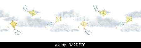 Un aquilone giallo con un nastro blu vola tra morbide nuvole su un motivo senza cuciture. Illustrazione in acquerello in digitale. Le stelle carine e le nuvole bianche e accoglienti lo sono Foto Stock