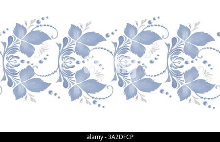 Foglie e ramoscelli blu su un bordo orizzontale senza cuciture. Elemento ornamento in stile russo isolato sullo sfondo. Illustrazione in acquerello in digitale. Styl Foto Stock
