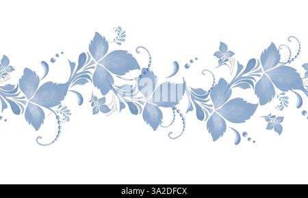 Foglie e ramoscelli blu su un bordo orizzontale senza cuciture. Modello stilizzato sotto forma di fiori e foglie in stile russo, isolato sullo sfondo Foto Stock
