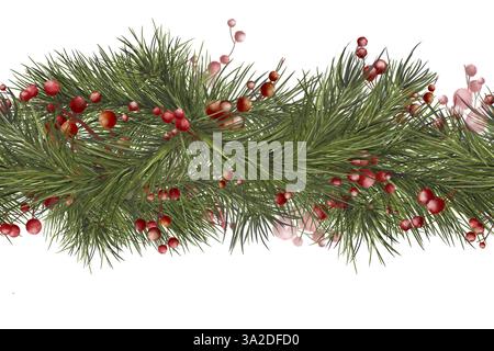 Morbidi rami di pino e bacche rosse. Rami verdi di Natale sul bordo orizzontale, isolati sullo sfondo. Illustrazione in acquerello in digitale. Verde Foto Stock