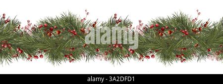Morbidi rami di pino e bacche rosse. Rami verdi di Natale sul bordo orizzontale, isolati sullo sfondo. Illustrazione in acquerello in digitale. Verde Foto Stock