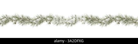 Il pino si dirama su un bordo orizzontale senza cuciture. Illustrazione in acquerello in stile digitale. Coni di pino e aghi di pino verde. Rami di abete rosso isolati o Foto Stock