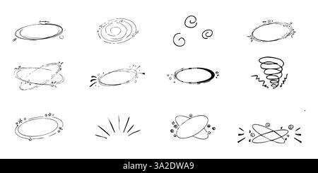 Effetto vertiginoso, mal di testa, set di fumetti di disegno malato. volti vertiginosi, stelle emozioni anime aeree, folle collezione di linee disegnate a mano. Illustrazione vettoriale Illustrazione Vettoriale