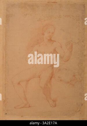 Questa opera d'arte di Raffaello mostra il dio greco Apollo che suona il violino, simboleggiando la musica e le arti Apollo, noto per la sua associazione con la musica e il sole, è raffigurato in una posa classica con lo strumento, caratteristica della forma idealizzata di Raffaello e dell'attenzione al dettaglio nella mitologia. Foto Stock