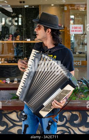 Un musicista di strada o un ciclista che suona l'accordiano per consigli su una strada a Santiago del estero, Argentina. Foto Stock