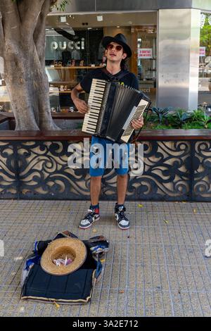 Un musicista di strada o un ciclista che suona l'accordiano per consigli su una strada a Santiago del estero, Argentina. Foto Stock