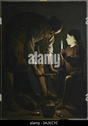 Saint Joseph charpentier di Georges de la Tour, dipinto intorno al 1642-1644, mostra San Giuseppe al lavoro come falegname. Il dipinto è notevole per la sua rappresentazione realistica della vita quotidiana e l'uso di una luce drammatica. Foto Stock