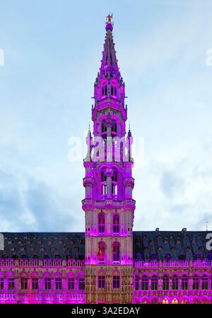 Hotel de Ville, Stadhuis o municipio, illuminato di sera, Grand-Place, Grote Markt, Belgio, Bruxelles Foto Stock