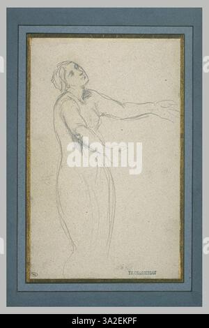 Una donna in piedi con una vista di tre quarti a destra, con le braccia aperte. La composizione cattura la sua postura e l'estensione del braccio. Foto Stock