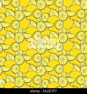 Limoni interi e tagliati primo piano senza cuciture. Illustrazione gialla con linee grafiche vettoriali su sfondo trasparente. Ideale per menu, pacchetto, cosmet Illustrazione Vettoriale