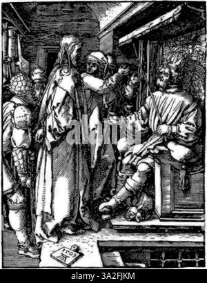 In questa stampa, l'abilità di Dürer nell'incisione è evidente nel lavoro e nell'ombreggiatura a linee sottili, illustrando con profondità e chiarezza un tema religioso o mitologico. Foto Stock