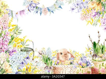 Acquerello di primavera raffigurante uova di Pasqua, coniglio rosso in un cesto su sfondo di giacinti, mimosa, salice e crocchi. Il disegno è disegnato a mano su uno sfondo bianco in colori pastello. Adatto per carte, inviti e tessuti. Composizione pronta per lo striscione primaverile Foto Stock
