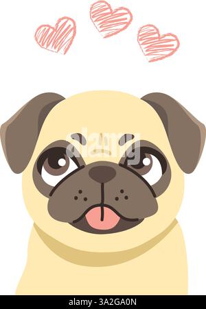 Simpatico cane da cagnolino con cuori illustrazioni vettoriali dei cartoni animati. Animale domestico a forma di cuore rosa isolato su sfondo bianco Illustrazione Vettoriale