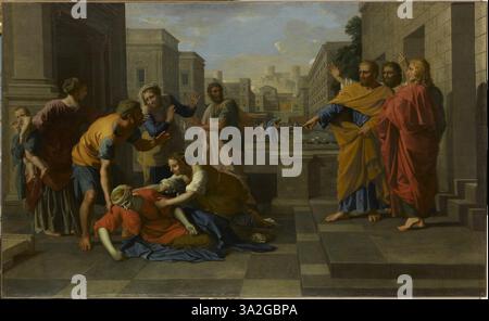 "La Mort de Saphire" (la morte di Saphira) di Nicolas Poussin, dipinto intorno al 1653, raffigura la tragica morte di una figura del nuovo Testamento, sottolineando gli aspetti emotivi e drammatici della storia. Foto Stock
