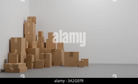Scatole di cartone di diverse dimensioni sul pavimento in una stanza bianca, scatole di spedizione, modello 3D, logistica Foto Stock