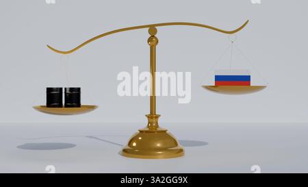 Scale dorate di giustizia due botti di petrolio e la bandiera russa sulle bilance dove le botti superano la bandiera russa su sfondo bianco Foto Stock