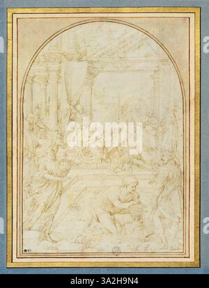 L'Adoration des Mages di Jan Gossaert raffigura la scena biblica dei tre Re che offrono doni al neonato Cristo. Il dipinto evidenzia il significato della storia della Natività, con enfasi sui doni sontuosi e l'abbigliamento regale dei re. Foto Stock