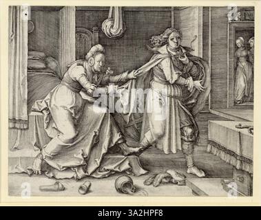 Questa incisione del 1911 di Lucas van Leyden si concentra su una scena religiosa, dimostrando la sua abilità nel linework e nell'ombreggiatura dettagliata. L'opera mostra la sua maestria nell'arte del Rinascimento settentrionale, in particolare nella rappresentazione di temi sacri attraverso precisione e profondità. Foto Stock