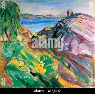 "Summer in Kragerø" di Edvard Munch (1911) cattura un tranquillo paesaggio costiero, caratterizzato da colline ondulate e acqua dolce. Questo olio su tela, firmato "e Munch 1911" in basso a destra, fa parte di una collezione privata. Il dipinto riflette il profondo legame di Munch con la natura e il paesaggio costiero della Norvegia. Foto Stock