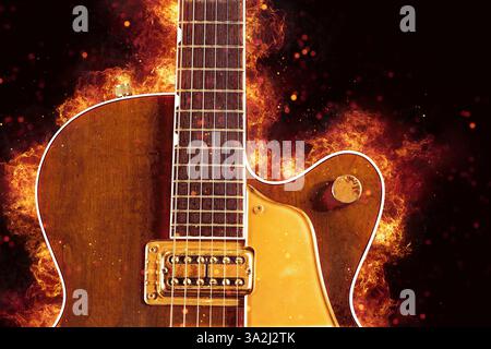 Primo piano di una chitarra con fiamme e scintille Foto Stock