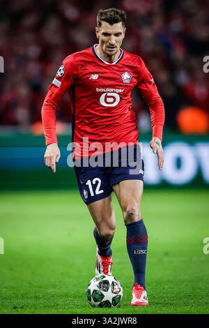 Thomas MEUNIER di Lille durante la UEFA Champions League, turno 16, partita di calcio di 2a tappa tra Losc Lille e Borussia Dortmund il 12 marzo 2025 allo stadio Pierre Mauroy di Villeneuve-d'Ascq vicino Lille, Francia - foto Matthieu Mirville/DPPI credito: DPPI Media/Alamy Live News Foto Stock
