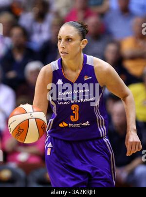 12 giugno 2014 - Uncasville, Connecticut, Stati Uniti - 12 giugno 2014: Phoenix Mercury guardia Diana Taurasi (3) con il pallone durante la prima metà della partita di basket WNBA tra il Connecticut Sun e Phoenix Mercury alla Mohegan Sun Arena. Il Connecticut sconfisse Phoenix 96-95. Anthony Nesmith/CSM(immagine di credito: © Anthony Nesmith/Cal Sport Media/ZUMAPRESS.com) Foto Stock