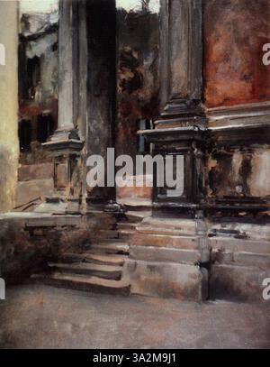 Questa opera raffigura il portico della Scuola di San Rocco a Venezia, concentrandosi sui dettagli architettonici e sulla serena atmosfera dello spazio. Foto Stock