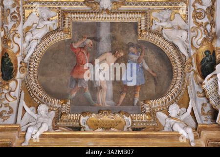 La "Flagellazione di Gesù Cristo" di Orazio Gentileschi ritrae il momento brutale del flagello di Cristo. Il dipinto è pieno di intensa energia barocca e di vivido contrasto emotivo. Foto Stock