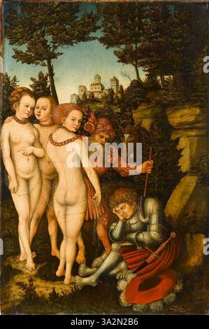 Questa opera raffigura la scena mitologica del giudizio di Parigi, dove il principe troiano deve scegliere la dea più bella tra Giunone, Minerva e Venere. Dipinto dal laboratorio di Lucas Cranach il Vecchio negli anni '1530, riflette l'interesse rinascimentale per la mitologia classica. Foto Stock