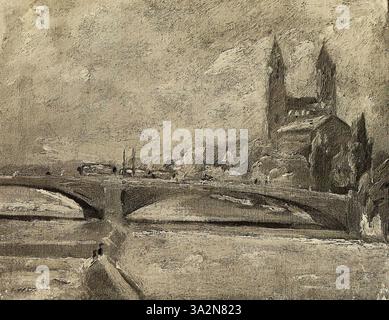 "View of the Isar, Munich" (1904) di Franz Marc ritrae una tranquilla scena paesaggistica con il fiume Isar che scorre attraverso la città. I colori morbidi e naturali e l'atmosfera tranquilla riflettono la prima esplorazione della natura di Marc. Foto Stock