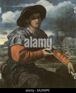 Un pastore con un flauto, dipinto intorno al 1540 da Savoldo, cattura una figura solitaria che suona un flauto. La rappresentazione dettagliata del pastore evidenzia sia l'ambiente naturale che l'umore contemplativo del soggetto. Foto Stock