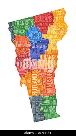 Forma del Vermont. State Word cloud con divisione contea. Illustrazione a colori del Vermont. I nomi delle contee sono nubi. Illustrazione vettoriale. Illustrazione Vettoriale