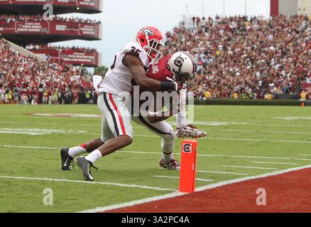 13 settembre 2014 - Columbia, SC, USA - il wide receiver dei South Carolina Gamecocks Shaq Roland (4) segna nel primo tempo della partita dei Gamecocks contro la Georgia al Williams-Brice Stadium, sabato 13 settembre 2014 Columbia, S.C. (Credit Image: © Kim Kim Foster-Tobin/MCT/ZUMA Wire) Foto Stock