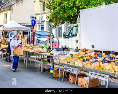 Bancarelle di frutta e verdura il giorno di mercato a la Roche Posay, Vienne (86), Francia. Foto Stock