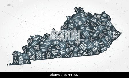 Le nuvole di parole delle contee del Kentucky. Indicare la forma su sfondo testurizzato. Design Kentucky in stile tipografico. Incredibile illustrazione vettoriale. Illustrazione Vettoriale