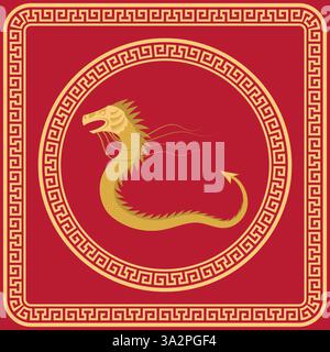 Drago d'oro del folklore cinese vettoriale adatto per il Capodanno cinese. Simbolo della mitologia cinese. Rettile magico. Mostro tradizionale della Cina. Icona zodiacale cinese. Animale fantasia. Illustrazione Vettoriale
